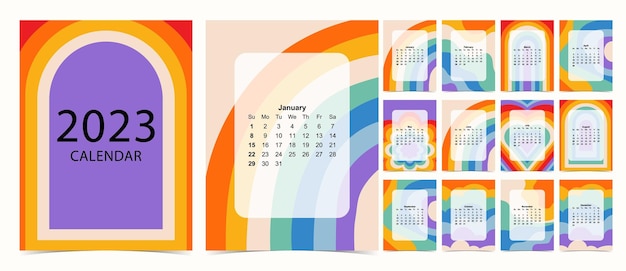 A semana do calendário de mesa 2023 começa no domingo com groovy e arco-íris que usam para tamanho A4 A5 digital e imprimível vertical