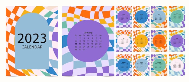 A semana do calendário de mesa 2023 começa no domingo com groovy e arco-íris que usam para tamanho A4 A5 digital e imprimível vertical