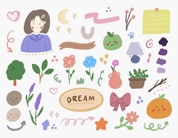 Adesivo coreano estético fofo com arte de doodle de menina e flor para o elemento de anotações do diário