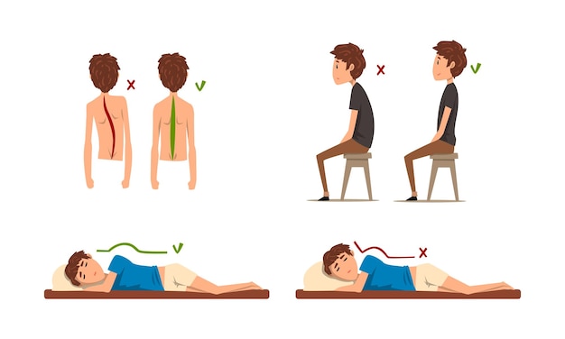 Vetor adolescente demonstrando a postura errada e correta da coluna vertebral