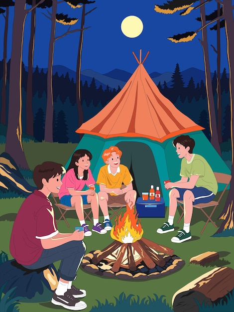 Adolescentes acampando à noite com um vetor de ilustração de fogo