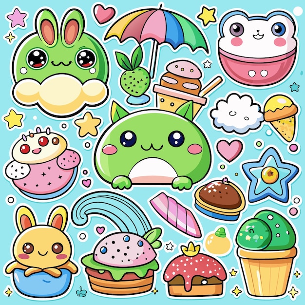 Adoráveis adesivos de alimentos e animais Kawaii Cute Clipart Digital para artesanato e revistas