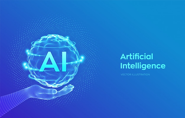 Vetor ai. logotipo de inteligência artificial na mão. onda de grade de esfera com código binário.