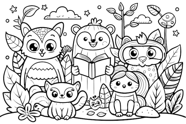 Vetor animais de desenho animado bonitos lendo um livro em uma floresta