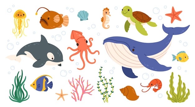 Vetor animais marinhos oceano vida aquática subaquática animais selvagens marinhos peixes tropicais coloridos corais algas e elementos exóticos baleia engraçada estrela de mar polvo camarão vector set