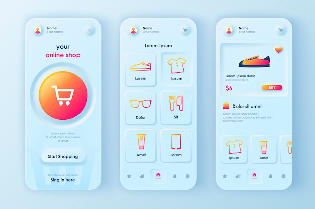 Aplicativo móvel neomórfico UI UX kit compras on-line estilo neomorfismo exclusivo.