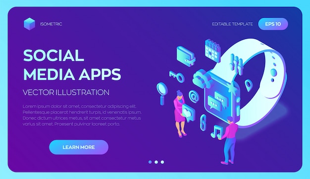 Aplicativos de mídia social em um relógio inteligente. Aplicativos móveis isométricos 3D. Modelo de infográfico com personagens e ícones.