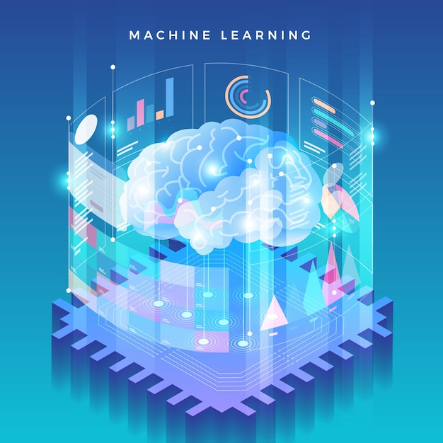 Vetor aprendizado de máquina do conceito de ilustrações via inteligência artificial com dados e conhecimento de análise de tecnologia.