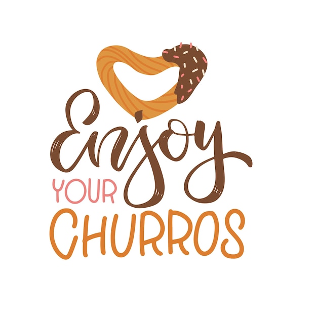 Aproveite sua citação de letras churros desenhadas à mão com sobremesa em forma de coração espanhol em um fundo branco