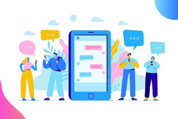 As pessoas usam o smartphone para conversar nas mídias sociais Diálogo de conversa de comunicação Messenger