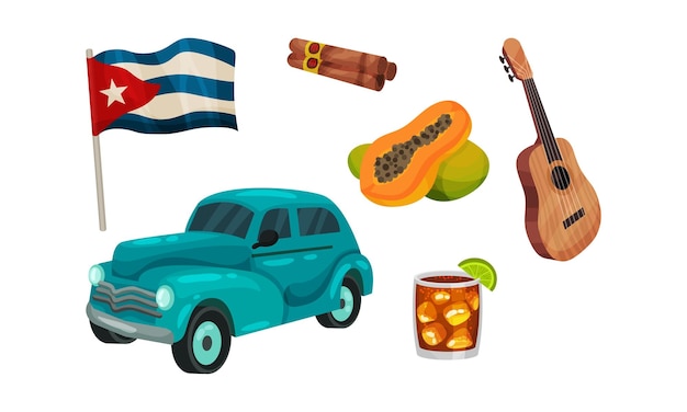 Atributos de Cuba e coisas com charutos e conjunto de vetores de guitarra