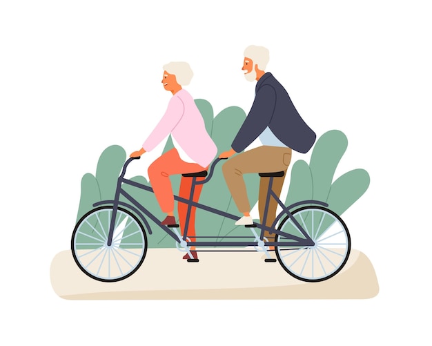 Avós ativos andam de bicicleta em tandem no parque de verão. Casal de idosos passa tempo juntos ao ar livre. Ilustração em vetor plana dos desenhos animados de recreação familiar. Aposentados alegres isolados no branco.