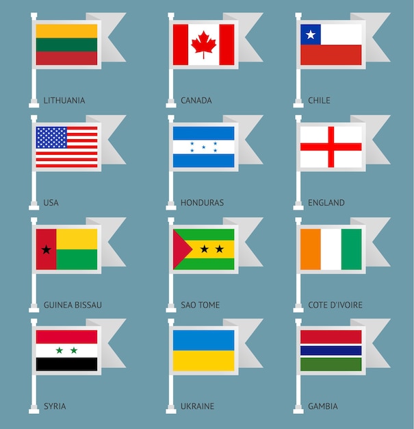 Bandeiras do Canadá, EUA, Inglaterra, Honduras, Síria, Ucrânia, Cote Divoire, Guiné Bissau, Chile, São Tomé, Gâmbia, Lituânia