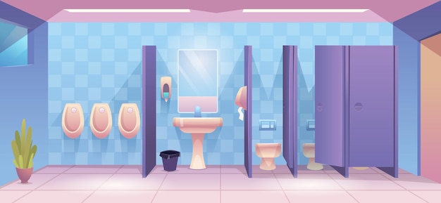 Banheiro público. Vazio quarto de limpeza wc para fundo de desenhos animados de vetor interior banheiro limpo de pessoa masculina e feminina. Ilustração do interior do banheiro público, wc banheiro e lavabo