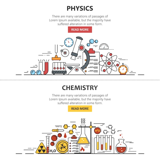 Banner de ciência. Química e Física. Espaço de trabalho de laboratório e equipamento científico.