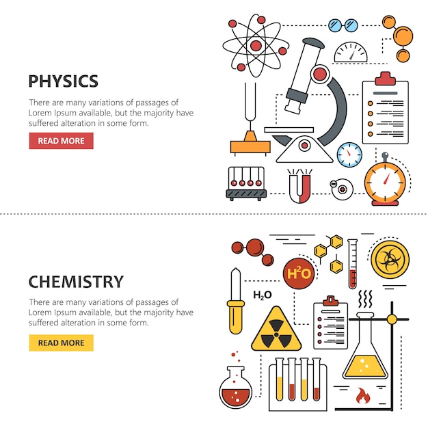 Banner de ciência. Química e Física. Espaço de trabalho de laboratório e equipamento científico.