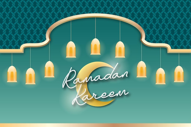 Banner de ramadab simples decorado com lanterna brilhante e borda dourada