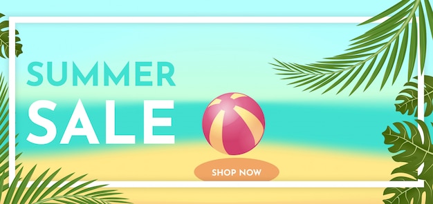 Banner de venda de verão com folhas tropicais. Conceito de oferta quente.