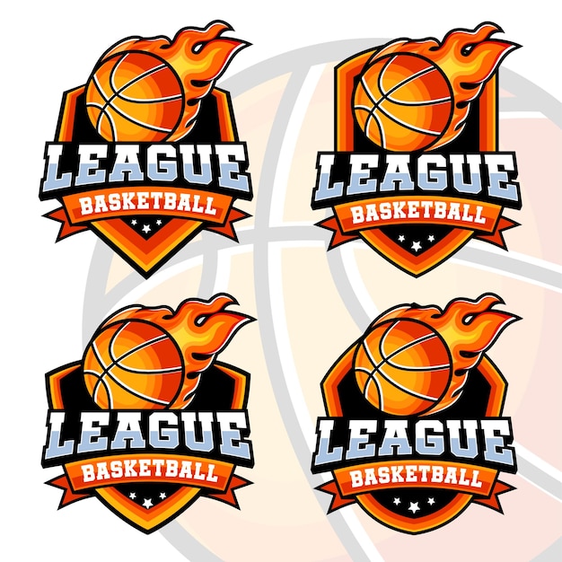 Basquete com fogo liga de esportes modelo de design de logotipo conjunto de ilustrações vetoriais