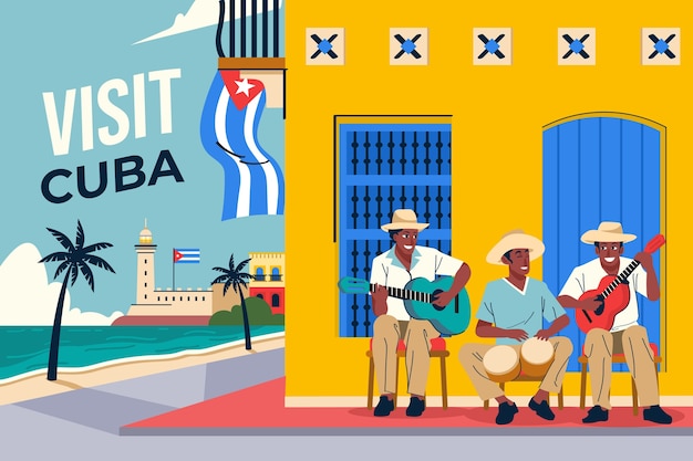 belo destino cubano com pessoas tocando instrumentos ilustração