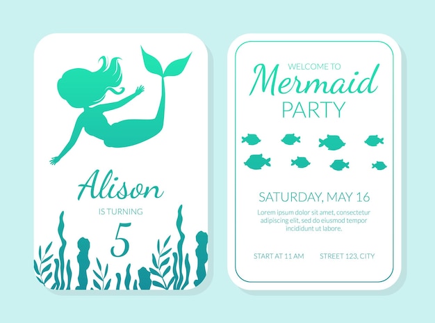 Bem-vindo ao Mermaid Party Card Template com silhuetas de sereia e elementos da natureza aquática sob o mar Tema Anúncio de aniversário Flyer Ilustração vetorial