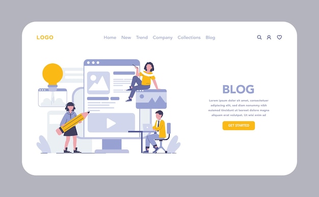 Vetor blogging web ou página de destino criação de conteúdo criativo e compartilhamento de ideias através de blogs pessoais