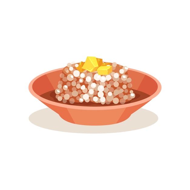 Vetor bol de pudim de sago com manteiga em cima comida da malásia cozinha asiática tema de culinária elemento gráfico para menu de café ou livro de receitas ícone de estilo de desenho animado ícone plano colorido isolado em fundo branco