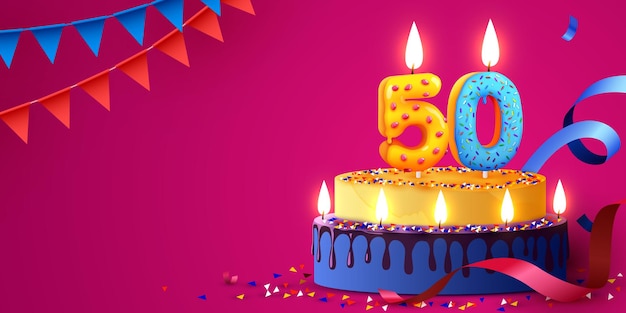 Bolo de aniversário de 50 anos com velas acesas e banner de aniversário de confete