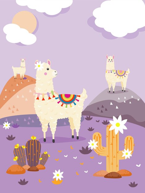 Vetor bonito desenho animado alpacas montanhas lago e flores do rio e cactus vector ilustração terras do peru