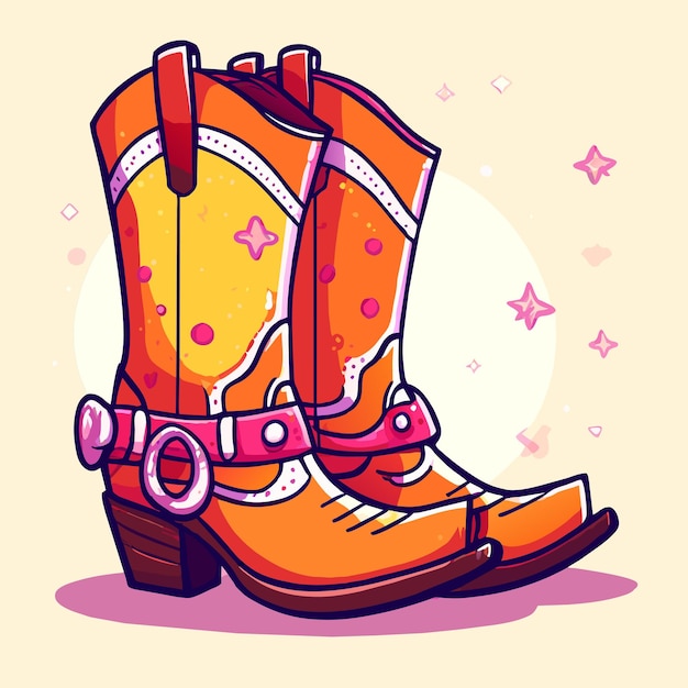 Botas de borracha retro cowgirl desenhado à mão plano elegante adesivo de desenho animado conceito de ícone isolado