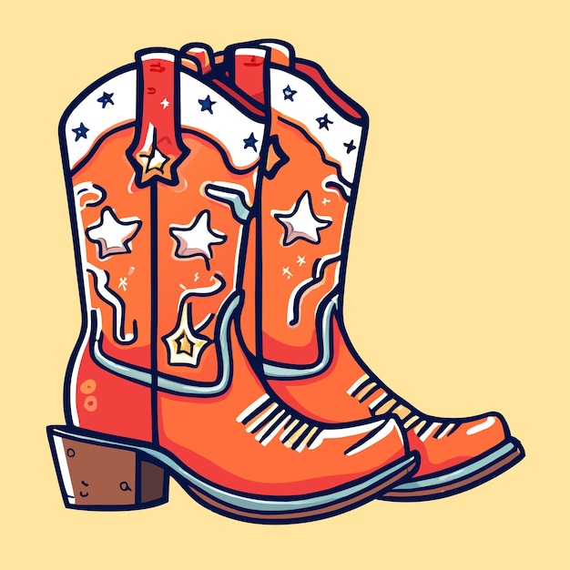 Botas de borracha retro cowgirl desenhado à mão plano elegante adesivo de desenho animado conceito de ícone isolado