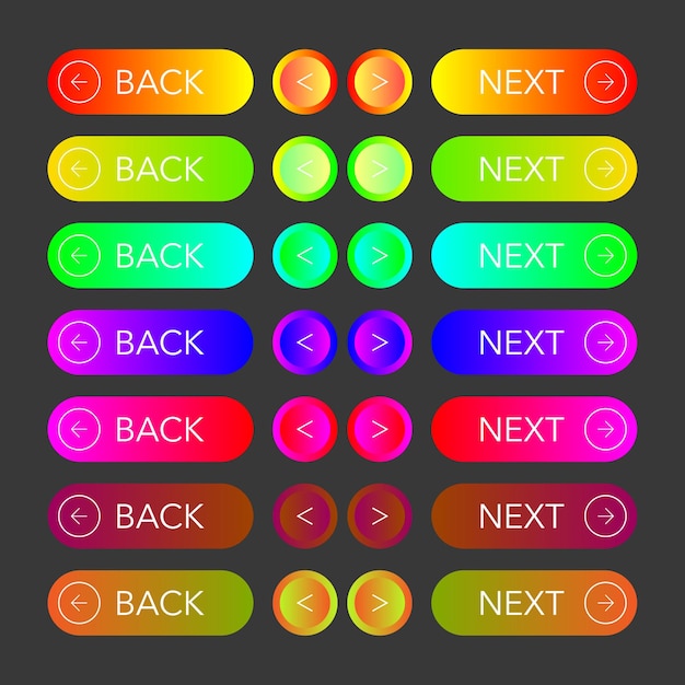 Vetor botões voltar e próximo coloridos com gradiente para sites e jogos
