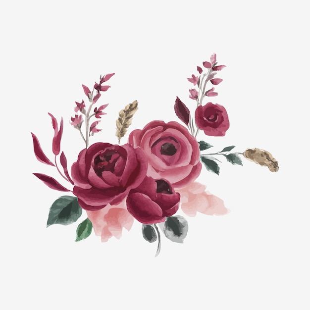 Buquês de moldura floral aquarela de rosas e design de folhas