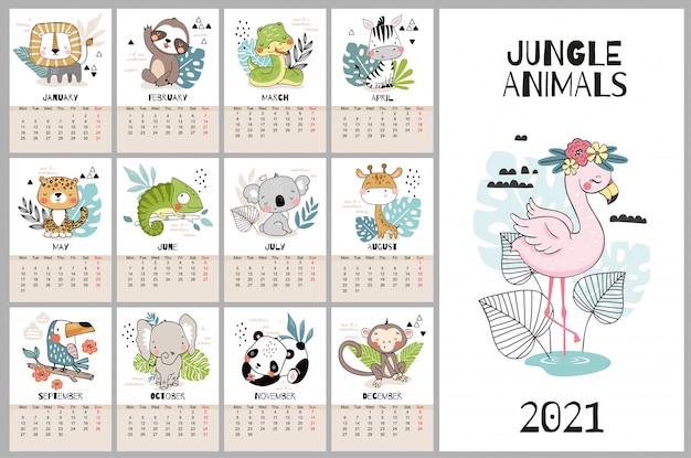 Calendário desenhado de giro mão para 2021 com personagens de animais da selva.