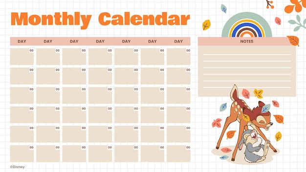 Vetor calendário mensal de bambi