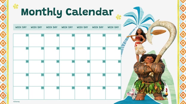 Calendário mensal de verão de Moana