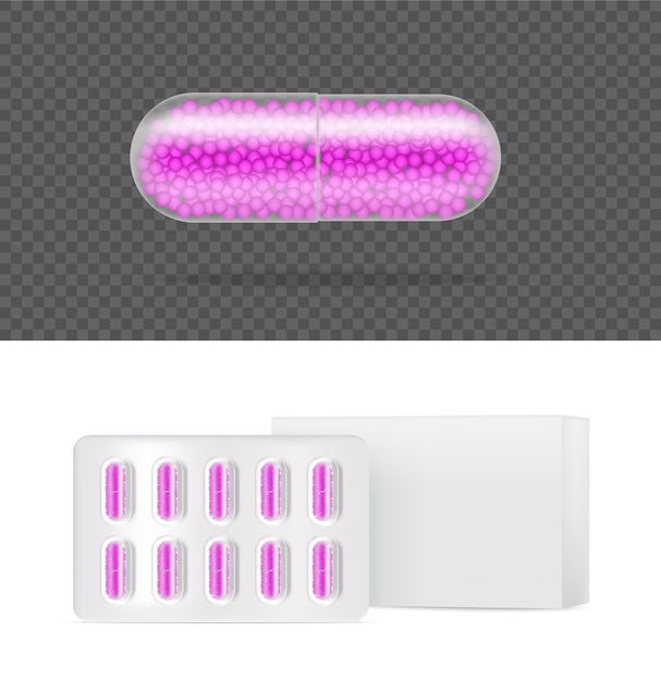 Cápsula do medicamento pílula transparente realista na ilustração de fundo branco. Comprimidos médicos e conceito de saúde.