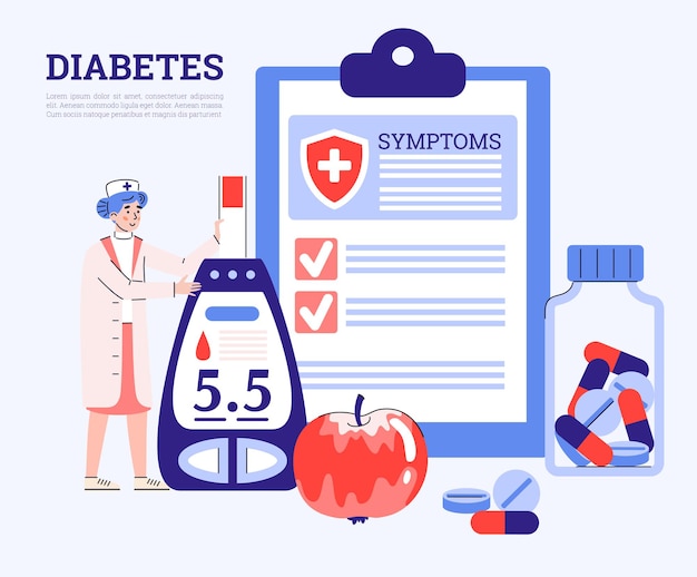 Cartaz médico sobre diabetes com médico segurando glicosímetro ilustração vetorial plana