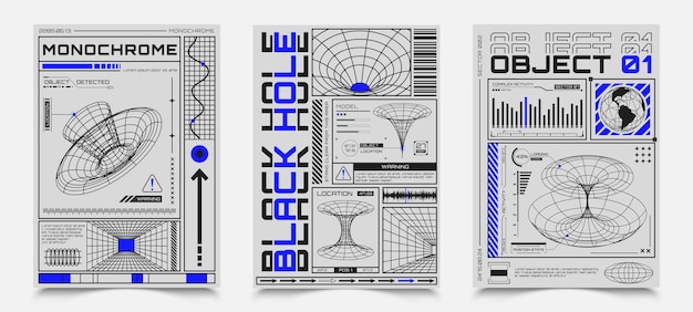 Cartazes com elementos futuristas de grade de perspectiva de elementos HUD mapeiam buraco negro e modelo de planeta