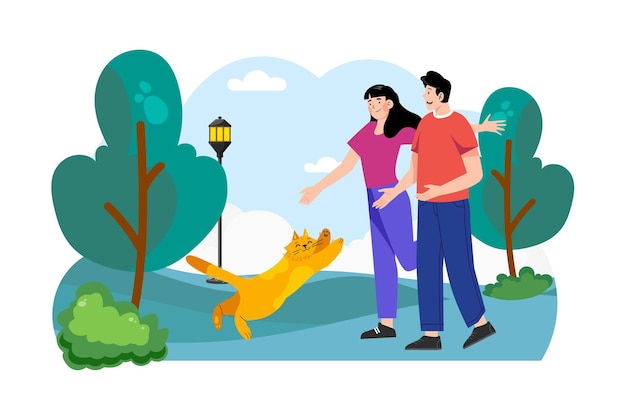 Casal andando com o gato no conceito de ilustração do parque