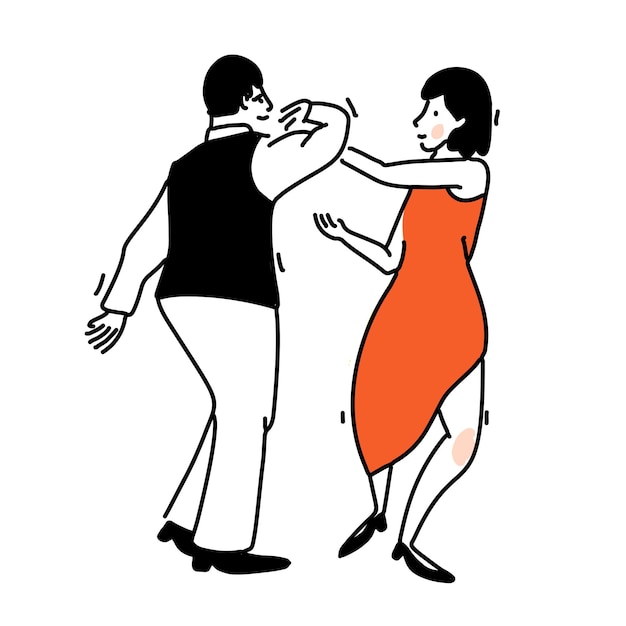 Vetor casal de dança romântica. mulher de vestido vermelho elegante e homens de colete preto. ilustração de tango, arte de contorno de vetor de dança social.