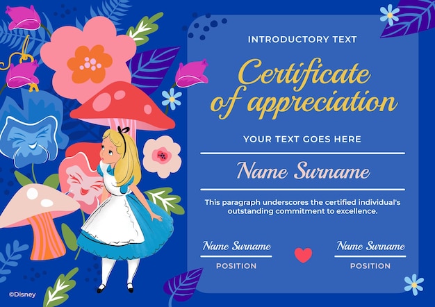 Certificado com personagens clássicos de Alice no País das Maravilhas