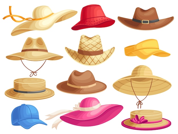 Chapéus de verão Chapéus elegantes para chapéu de cowboy masculino e feminino e acessórios conjunto de vetores de desenho animado