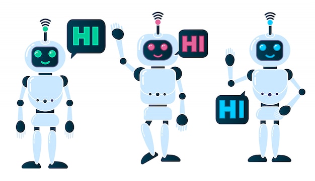 Vetor chatbot de sorriso que move-se ajudando a resolver problemas, cumprimentando.