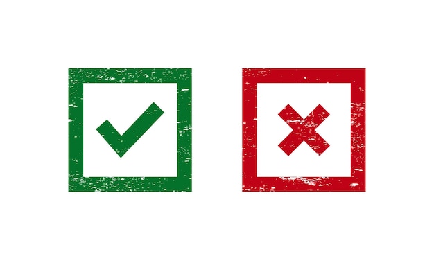 Checkmark Grunge Stamp template Conjunto de cruz verde e vermelha e gancho Checkmark OK e ícones X