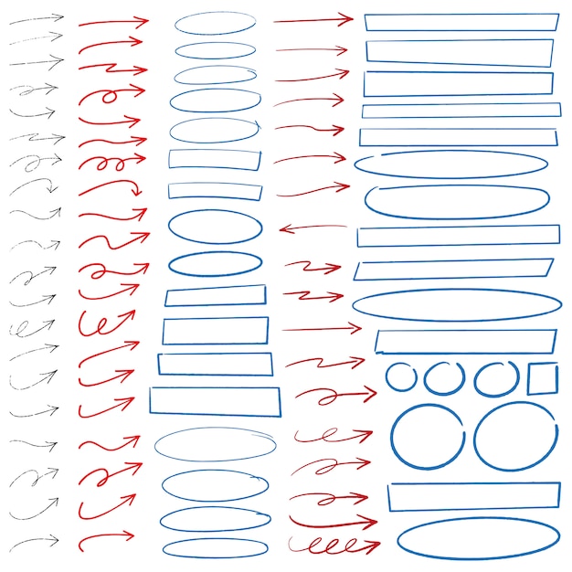 Círculos de setas desenhadas a mão e retângulos doodle abstrato escrevendo o conjunto de design