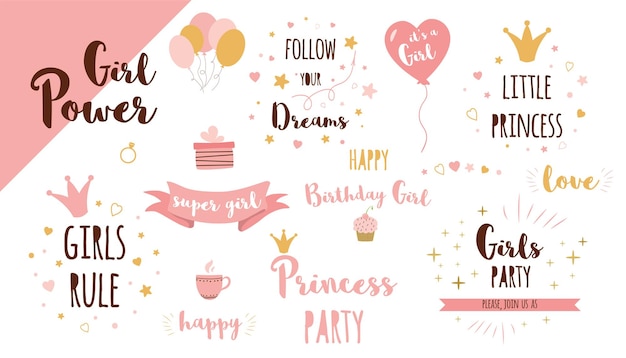 Vetor clip-art de festa de meninas cor de rosa conjunto de citações engraçadas texto bonito elemento de aniversário pequena princesa coroa cupcake presente de balão tipografia de inspiração fofa design de cartaz de letras festa de princesa ilustração vetorial