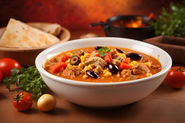 Close-up de uma grande panela vermelha com ragout quente fresco com batatas de carne e legumes isolados