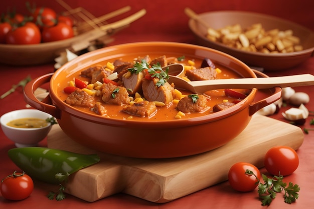 Close-up de uma grande panela vermelha com ragout quente fresco com batatas de carne e legumes isolados