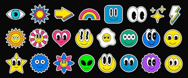 Coleção de adesivos de personagem de emoticon de sorriso dos desenhos animados legal. Conjunto de patches engraçados bonitos na moda. Elementos de arte pop.